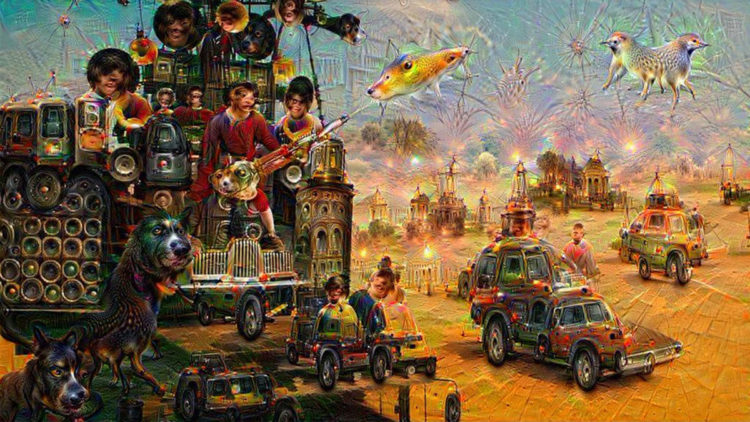 Immaginario metabolizzato dal cinema, a sua volta rimasticato dai robot. Algoritmi che digeriscono immagini di Mad Max: Fury Road e restituiscono simil-cover di Sgt. Pepper’s Lonely Art Club Band dei Beatles. Immagine postata su Twitter da: @GoddoSukoupion